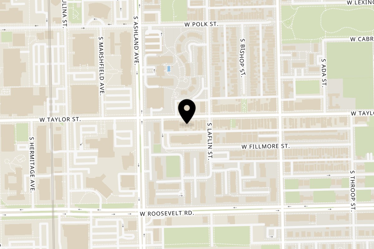 Map showing the location of De Pasada on 1517 W Taylor St in Chicago